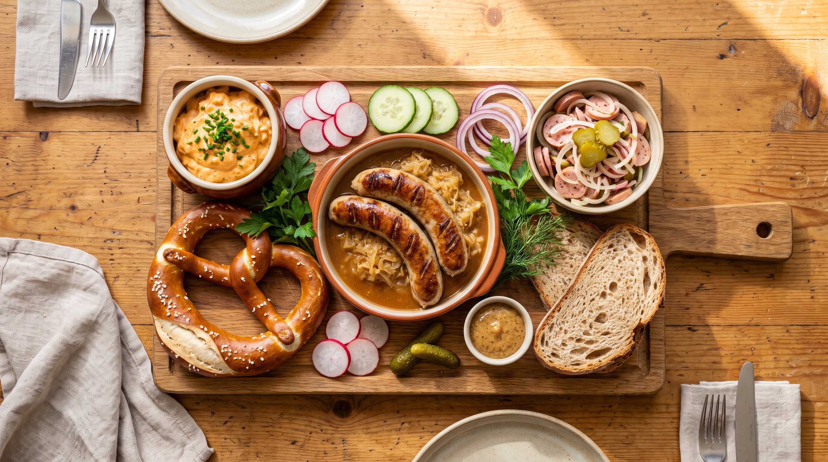 Bayerische Brotzeit mit Obazda, Bratwürsten, Wurstsalat und Brezn