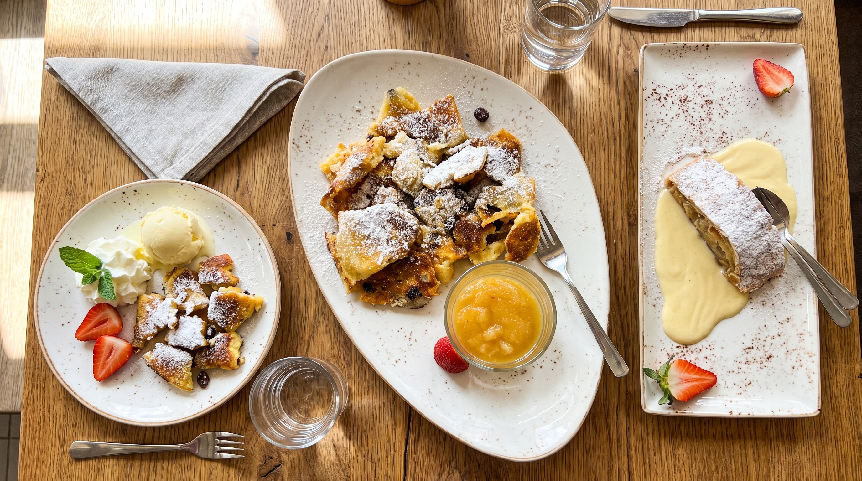 Kaiserschmarrn, Apfelstrudel und Eis mit frischen Erdbeeren