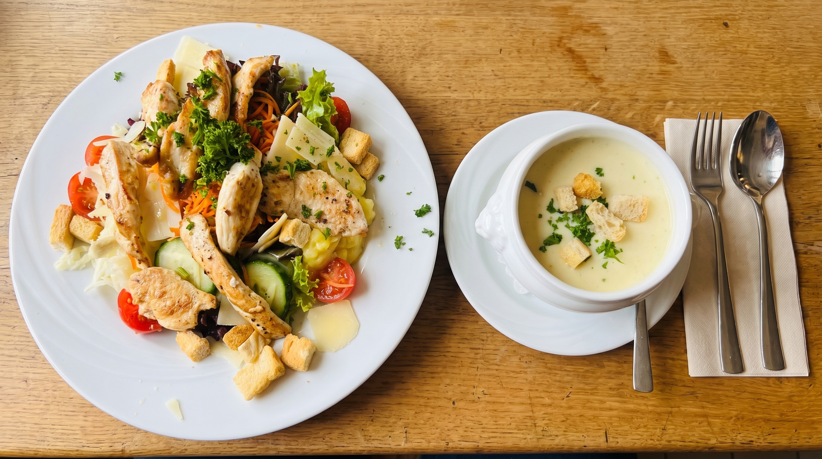 Großer Salatteller mit Hähnchenstreifen und eine cremige Suppe
