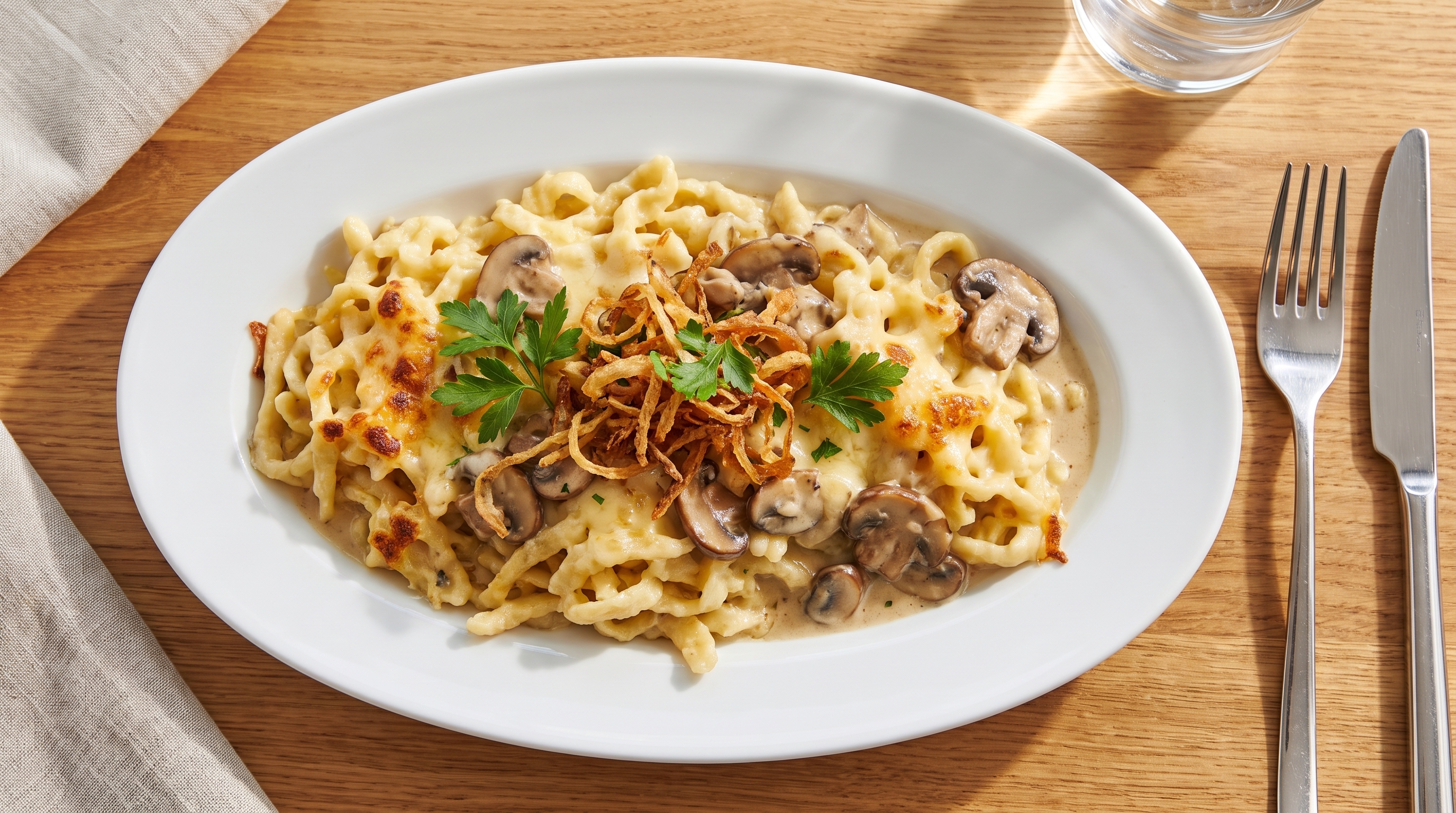 Käsespätzle mit Rahmschwammerl und Röstzwiebeln