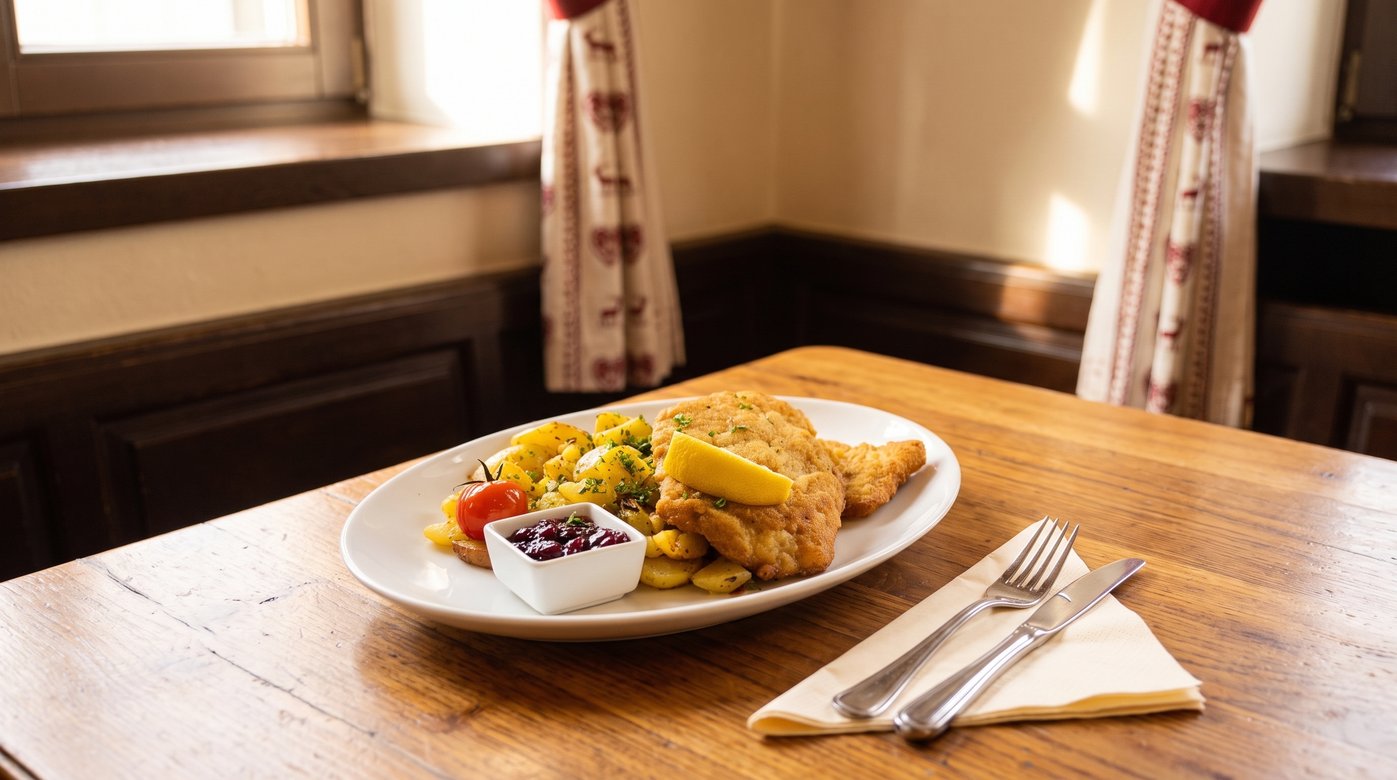 Schnitzel mit Bratkartoffeln und Preiselbeeren in der Zieglerbräu-Stube