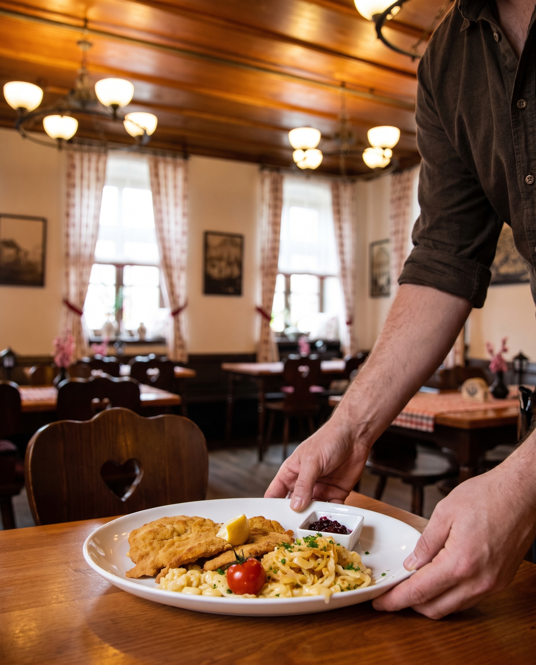 Service im Zieglerbräu serviert ein Gericht im Gastraum.